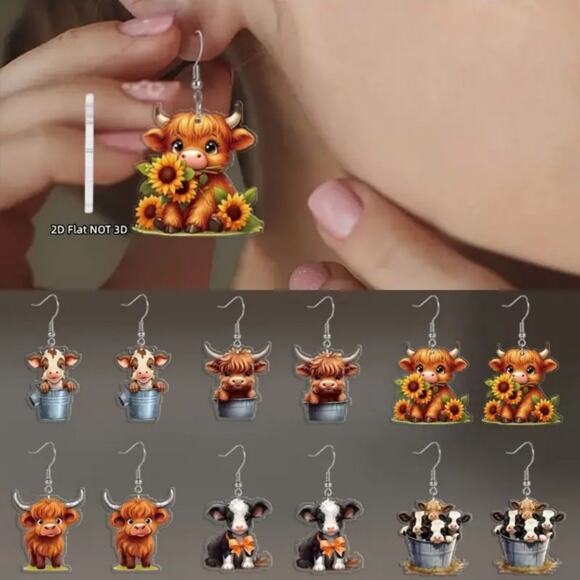 Adorable Cow Earrings - Choose Design from 6 Cute Farm Animal Acrylic Cows - Picture 1 of 10